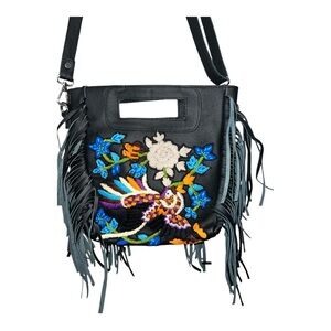 Raj LA Crossbody Embroidered Floral Bird Leather Bag with Fringe, Vintage NWOT